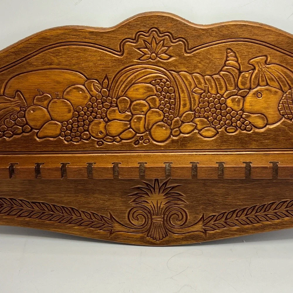 Carved Wood Vintage Spoon Rack Wall Hanging Cornucopia Harvest 16 Slot Display - Picture 3 of 7
